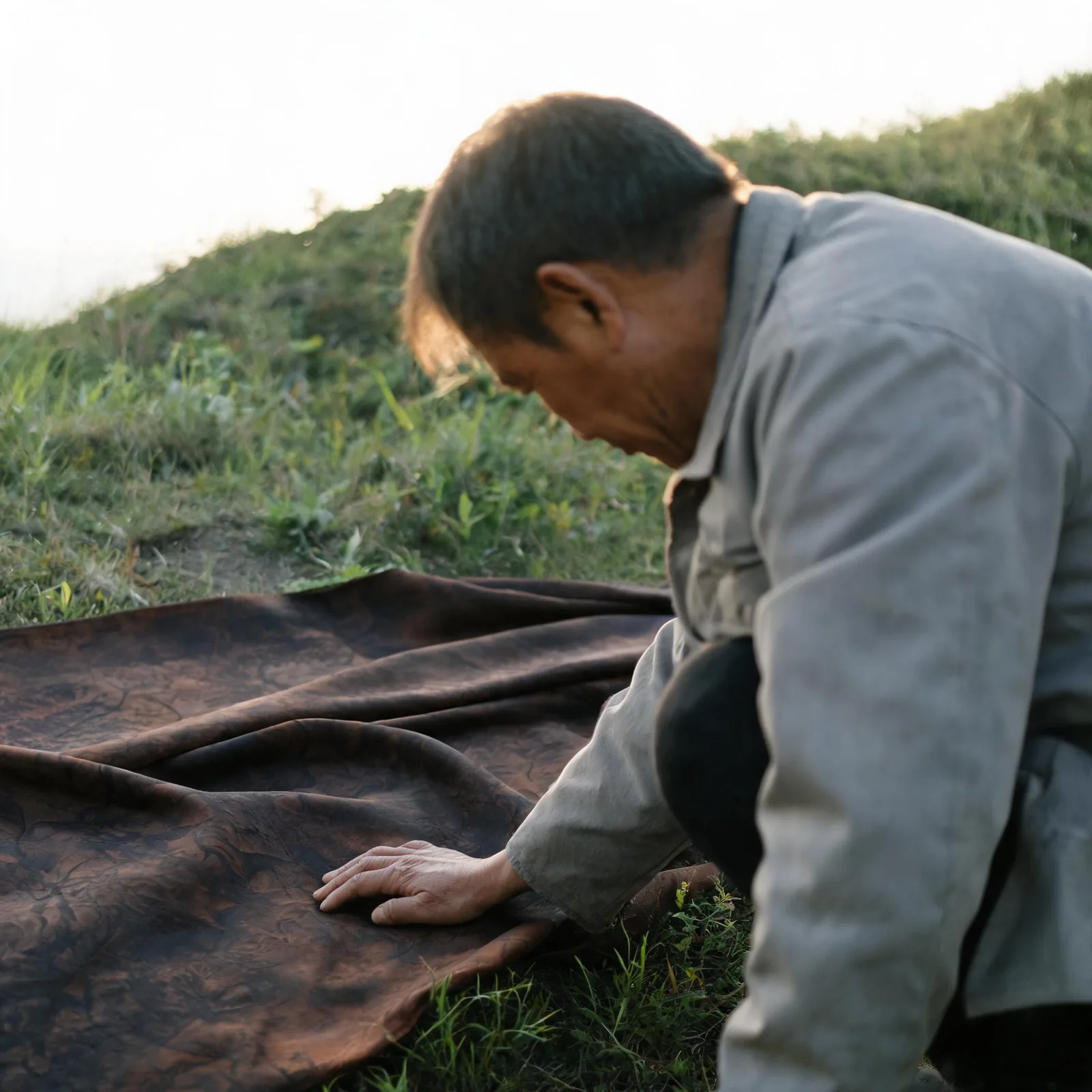 老师傅用手背蹭了蹭布面